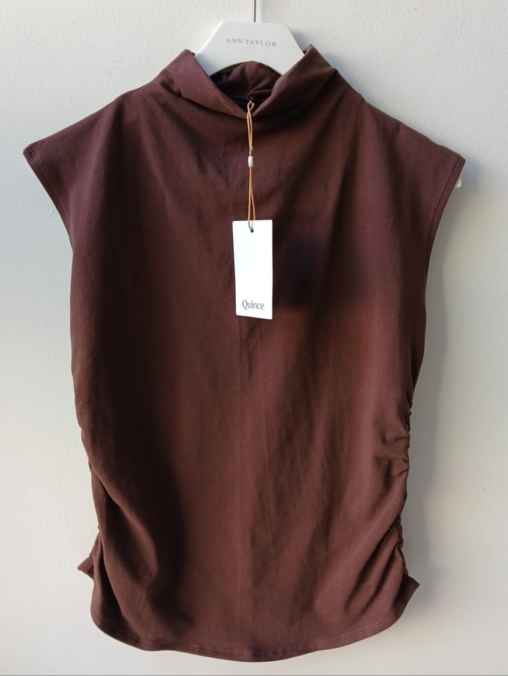 Quince Stretch Sleeveless Mock Neck Top Brown Medium NWT